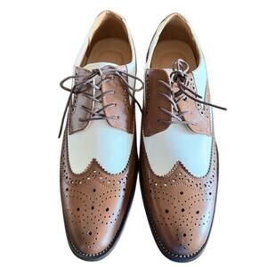 Men’s Two-Tone Wingtip Oxford Shoes Brown & White Leather Size 9